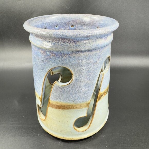 Vintage Red Rock Pottery Stoneware Tea Light Holder Votive Hand Carved Signed - Picture 10 of 13